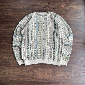 London Fog Multicolor Patterned Crewneck Sweater — Beige, Green, Blue